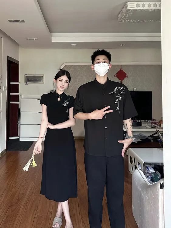 情侣装夏季新中式国风刺绣收腰显瘦改良旗袍连衣裙男衬衫潮