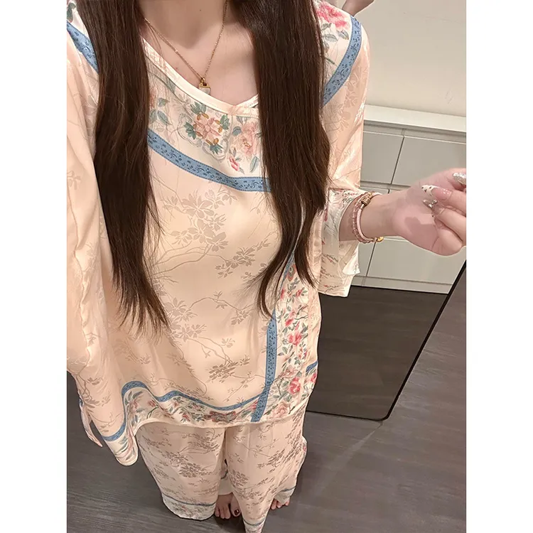 中式古风提花设计感短袖睡衣女夏季新款大码亲肤长裤家居服两件套