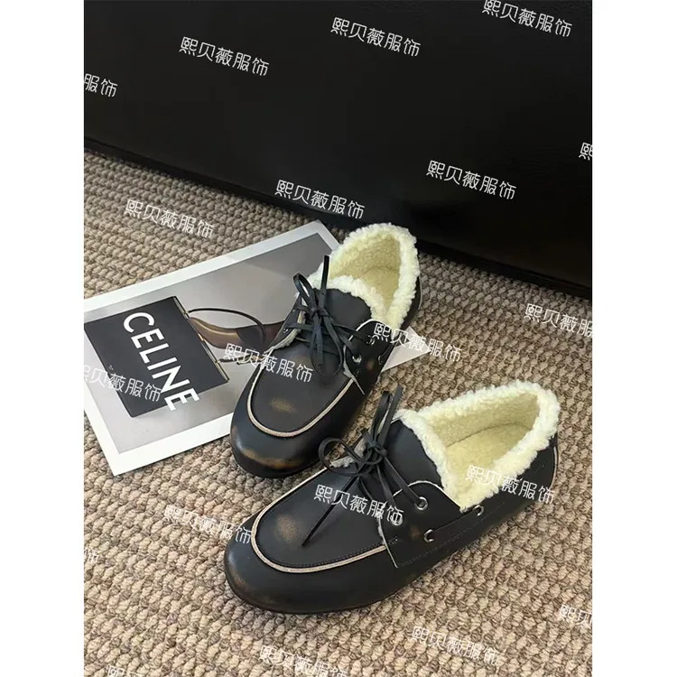 熙贝薇2 复古加绒冬季新款百搭一脚蹬懒人毛毛乐福鞋 G5889
