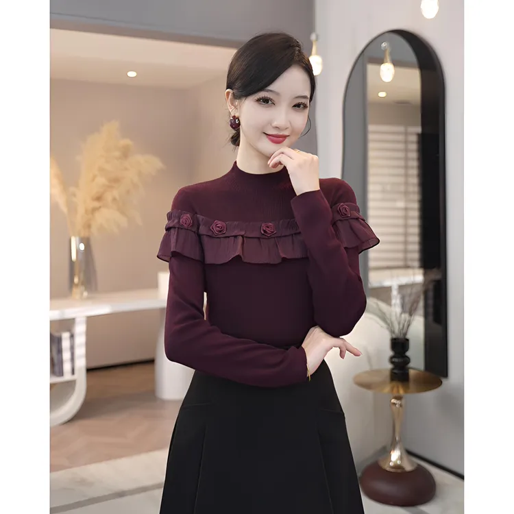 2025秋冬新款【8387】含绵羊毛别致拼接荷叶边洋气显白酒红色针织衫