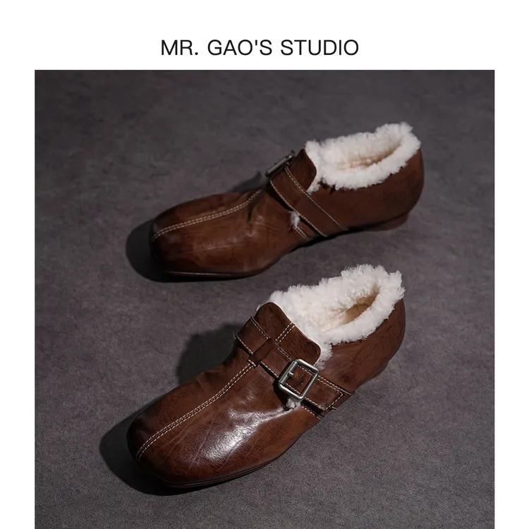 胎牛皮通勤英伦风保暖复古皮带扣乐福鞋真皮软底百搭女鞋勃肯鞋