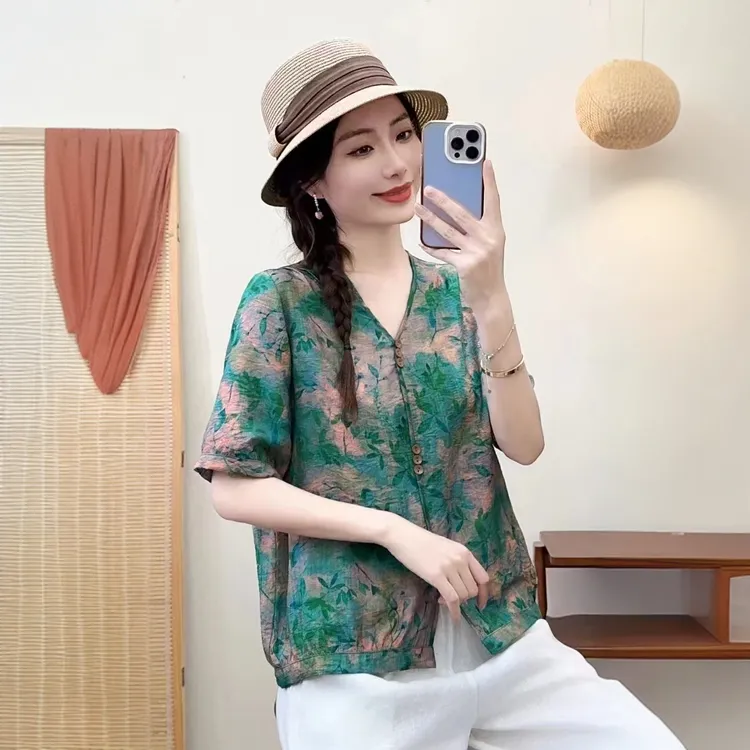 棉麻小衫夏季碎花显瘦遮肉宽松印花时尚洋气气质休闲大码百搭春夏