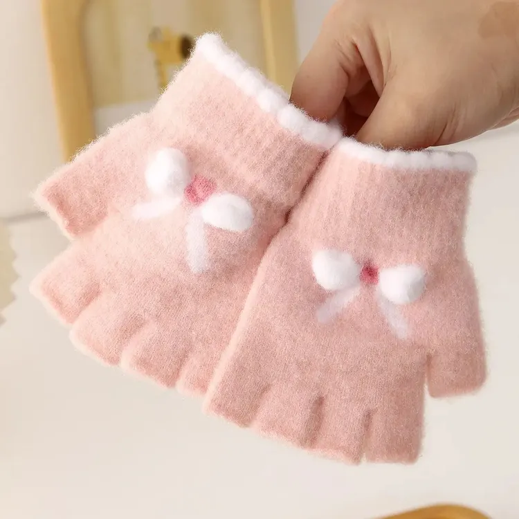 韩系儿童手套冬季可爱露指加绒保暖防寒女童学生写字半指五指半指