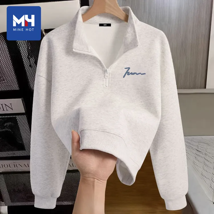 唐狮集团MH麻灰卫衣女春秋2025新款polo领小个子半拉链秋冬厚外套