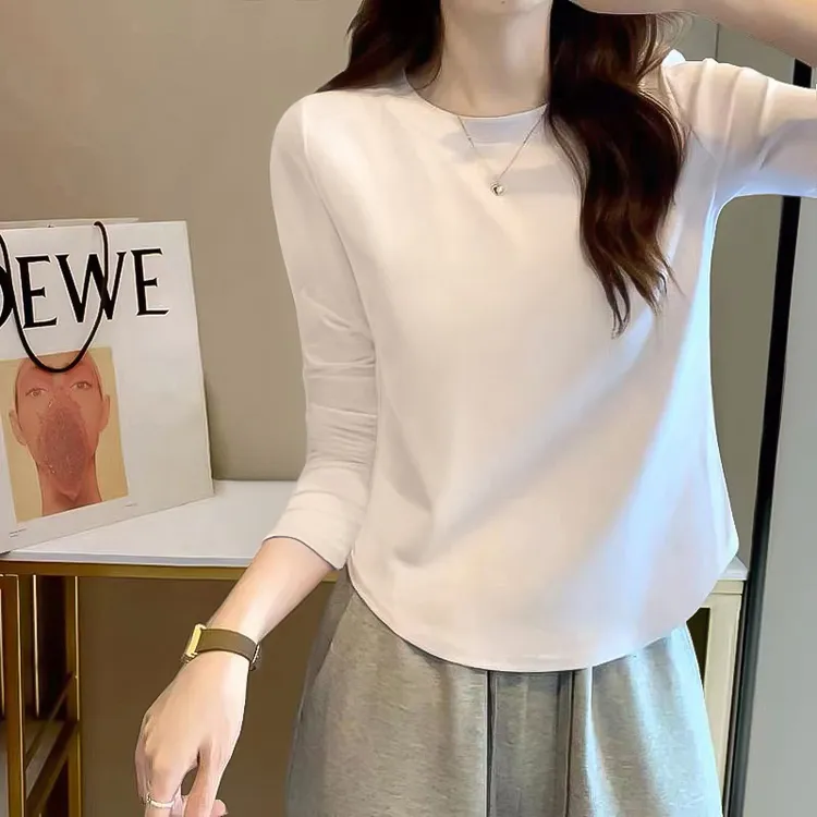 圆领长袖设计感弧形下摆秋冬内搭法式下摆洋气个性百搭打底衫上衣