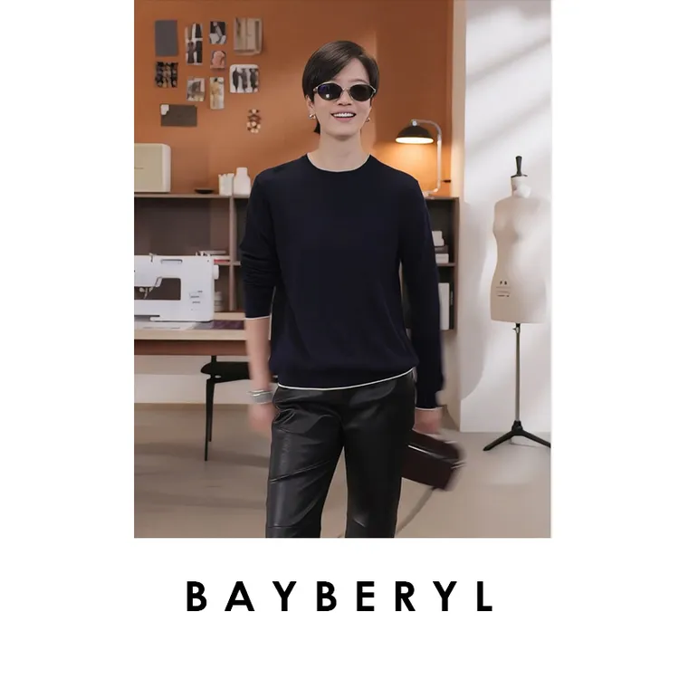 CC10-BAYBERYL老贝露华*拼色精简圆领套头羊毛秋针织衫ZZS5E2402