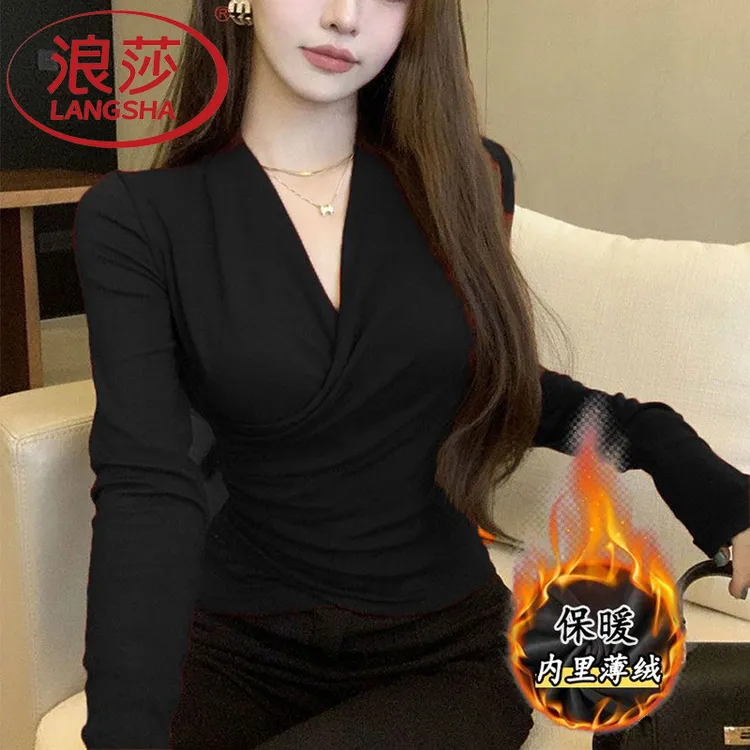 浪莎交叉v领长袖T恤秋冬季新款气质内搭显瘦打底衫纯欲风法式上衣