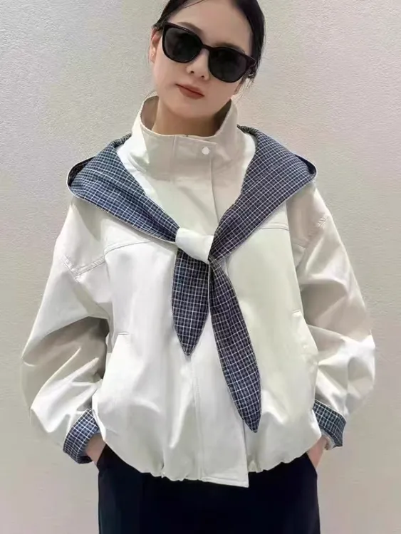 宽松休闲可拆卸拼接格子帽子外套女25年秋季新款百搭外套时尚上衣