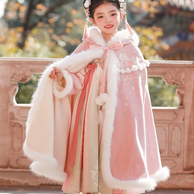 汉服女童冬款2025新款儿童冬季保暖大斗篷小女孩国风仙气加厚披风
