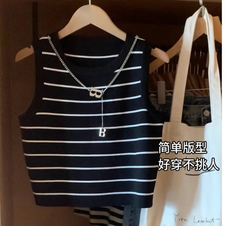 冰丝条纹吊带背心女装针织短款夏季外穿内搭设计感无袖上衣百搭潮