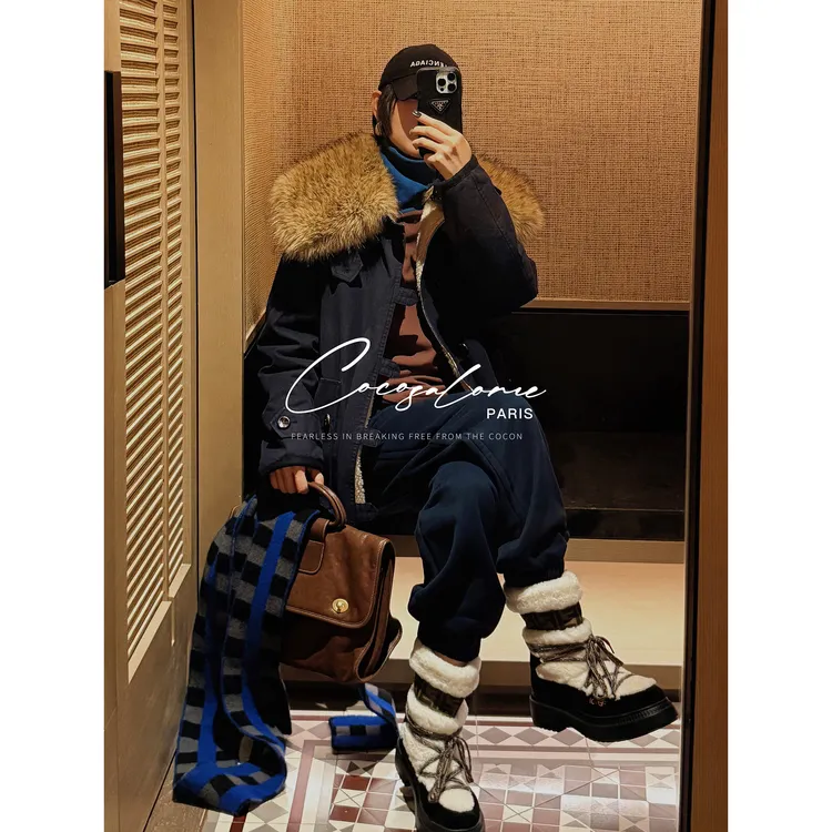 韩彬彬"45R暖炉"重磅加厚绵羊毛领设计感中长款羊羔毛外套3363-8