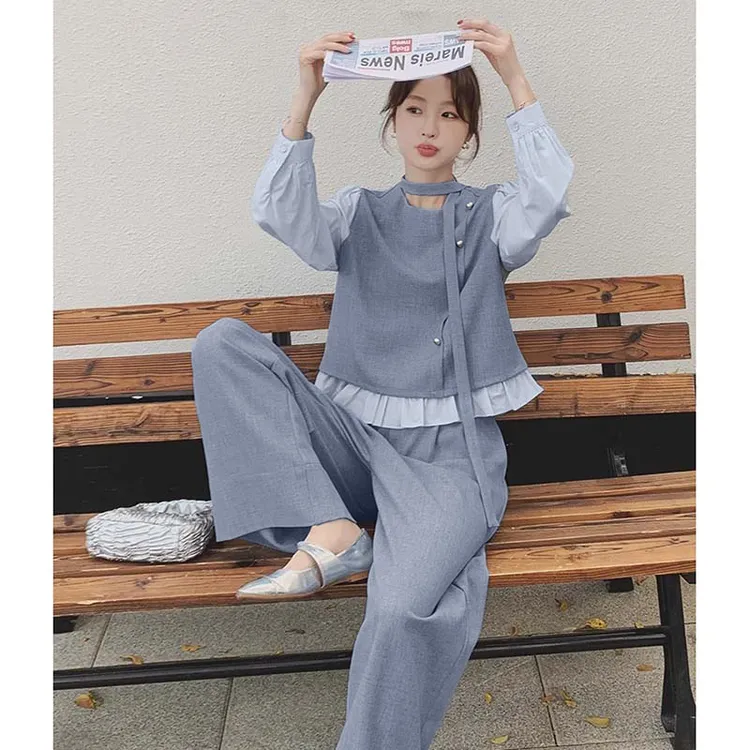 【两件套】小香风套装女春秋2025新款假两件上衣阔腿裤两件套JT0021