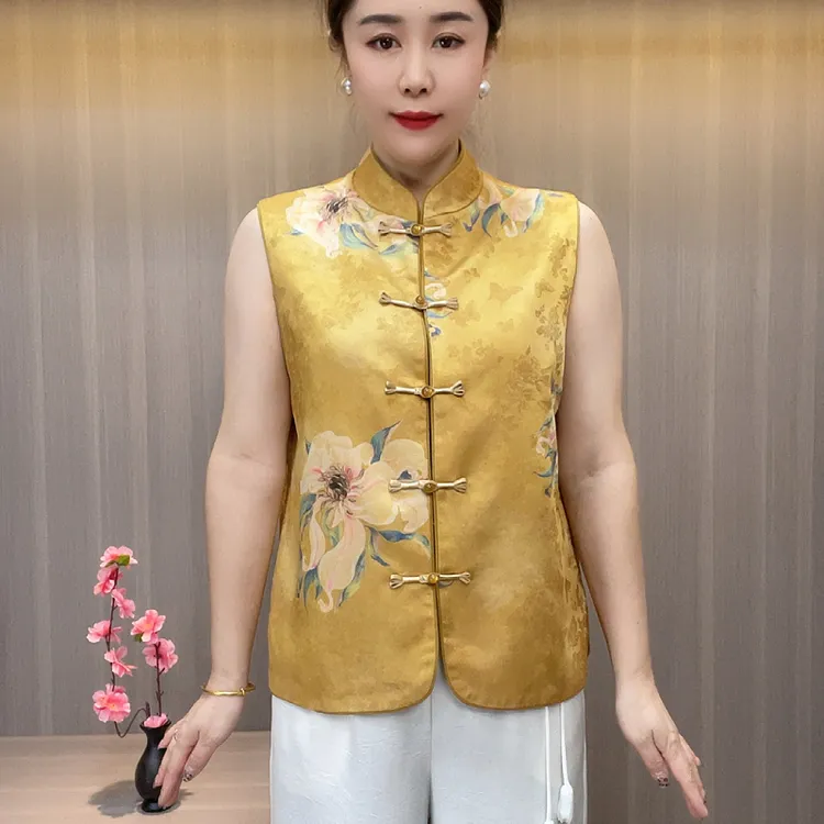 8678新款春夏马甲立领中老年时尚黄马夹中式名族风盘扣气质妈妈装
