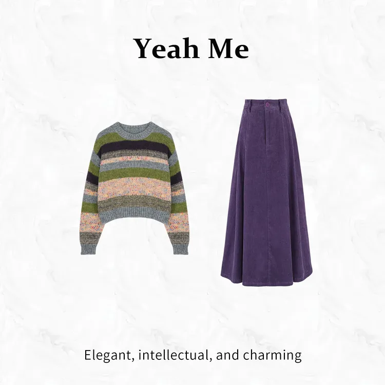 Yeah Me/也觅【缤纷糖果】秋季新款温柔风撞色甜美气质半身裙两件套