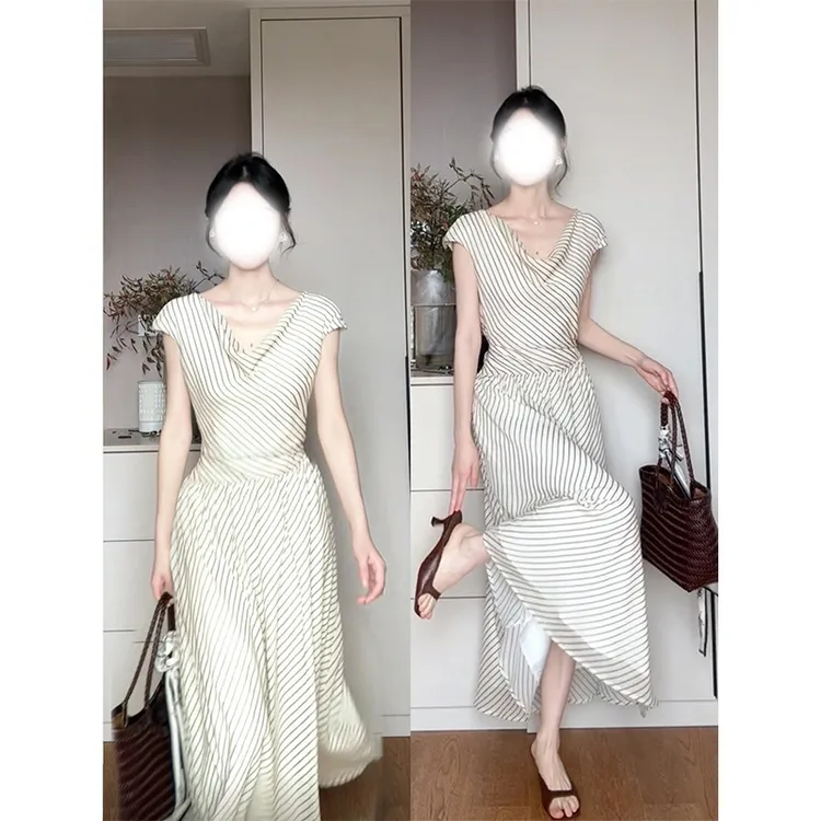 parkyeon法式荡领条纹连衣裙女夏季新款温柔风复古收腰显瘦长裙子