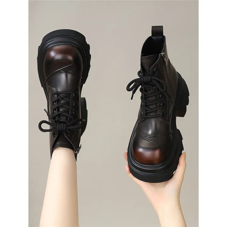 B18大码美拉德马丁靴女款棕色新款秋冬加绒粗跟小个子厚底短靴子