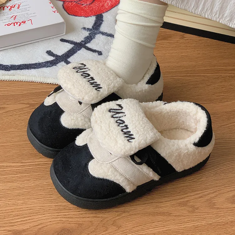 可爱新款加绒德训鞋女保暖棉拖鞋冬季外穿棉鞋毛绒系带板鞋女假日