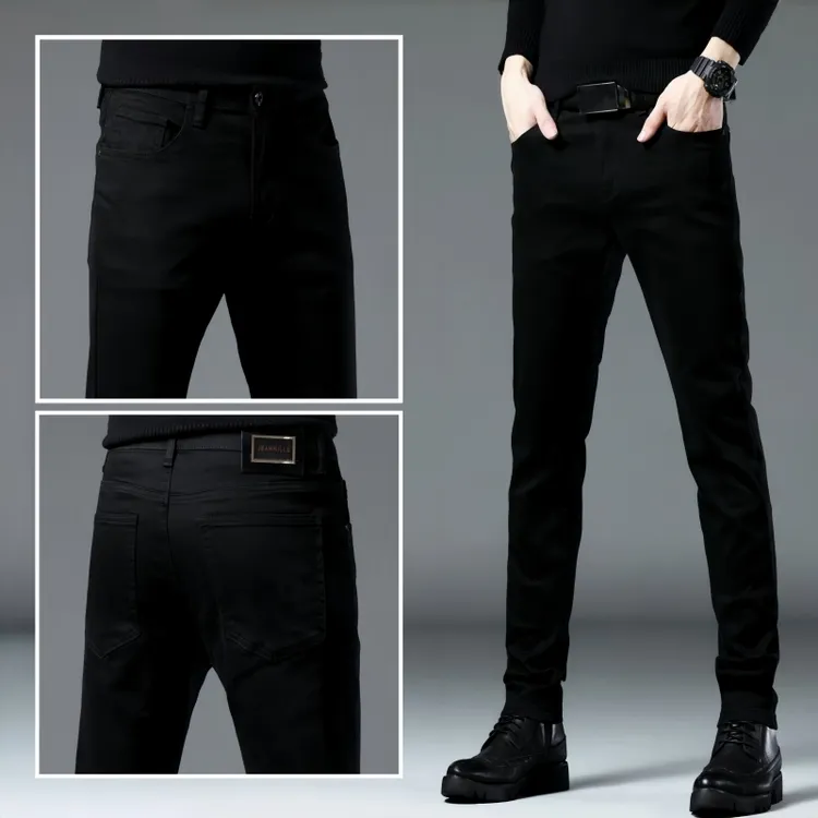 纯黑色男士牛仔裤男2025秋冬新款加绒爆款修身小脚韩版薄款九分裤