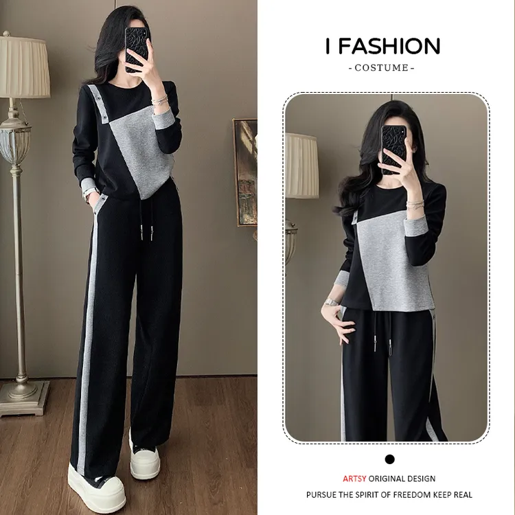 高含棉时尚拼接撞色运动套装女2025春秋减龄气质卫衣阔腿裤两件套