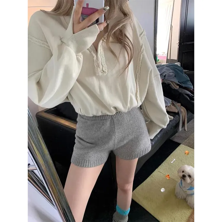 灰色针织短裤女春秋秋冬2025新款小个子松弛感毛线直筒阔腿裤早秋