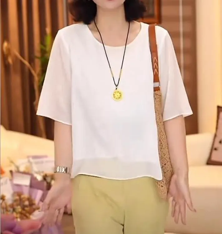  【100乔其纱】短袖小衫夏季母亲衣服夏装双层纱透气上衣休闲百搭女