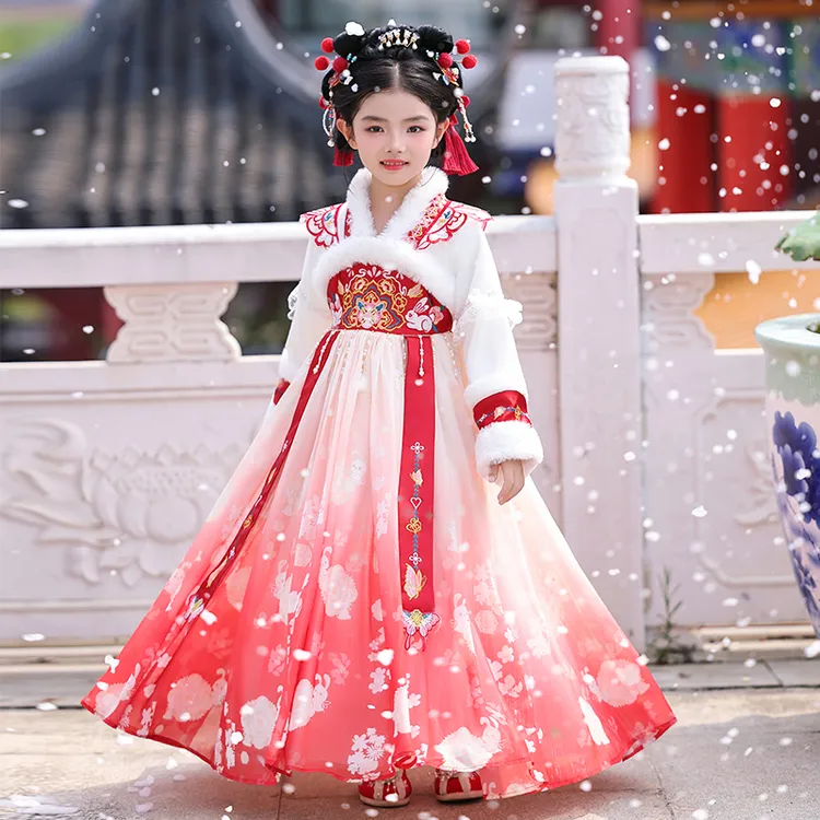 女童汉服冬季2025新款中国风儿童拜年服加绒小女孩古风唐装连衣裙