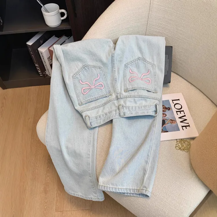 港风小古做旧蝴蝶结直筒牛仔裤女春秋季设计感高腰显瘦修身阔腿