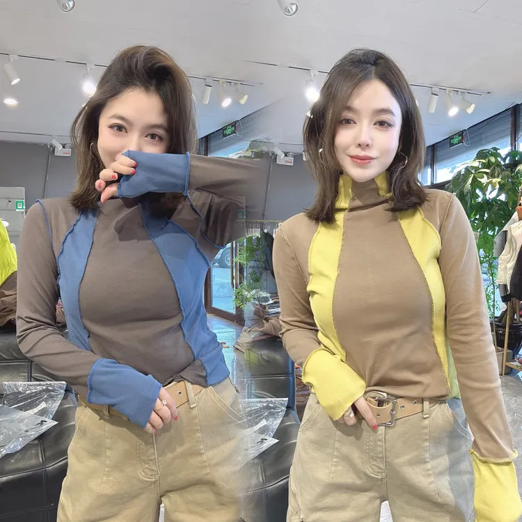 欧货时尚拼色半高领打底衫女冬季新款修身洋气时尚长袖T恤上衣潮