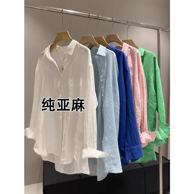 法式白色亚麻衬衫女夏季薄款宽松气质老钱风高端棉麻衬衣防晒上衣