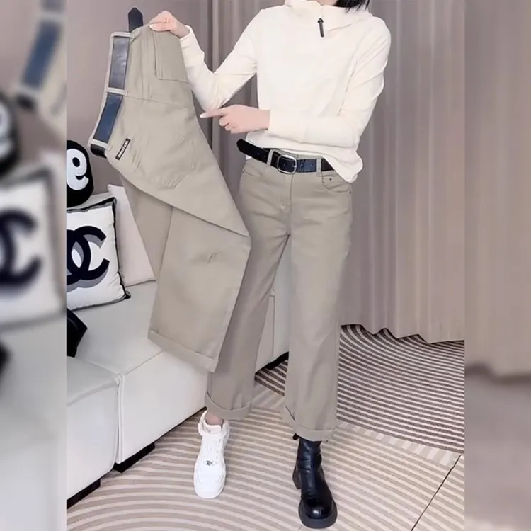 欧货卡其色九分法棍牛仔裤女2025年春秋爆款大码胖mm垂坠感直筒裤