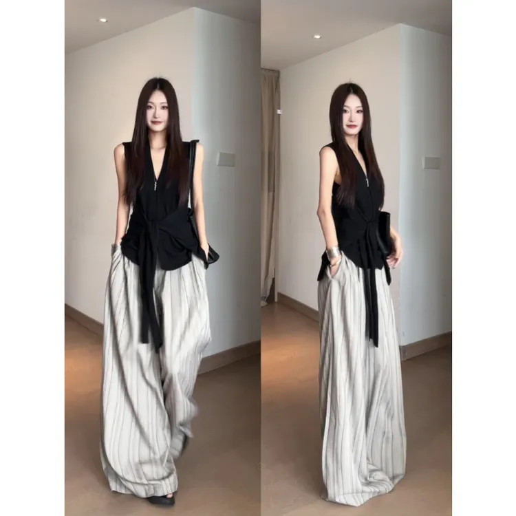 韩系不规则v领绑带无袖背心上衣阔腿裤套装女夏季新款气质高级感