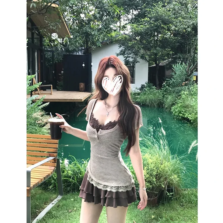 【可可拿铁】真两件连衣裙蕾丝咖啡棕收腰裙子大领口短袖上衣套装