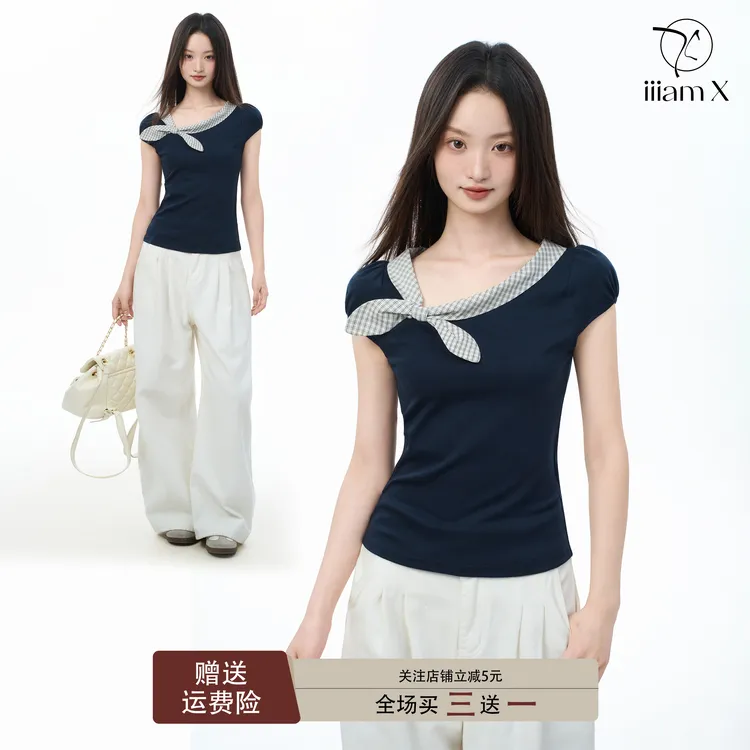 iiiamX藏青色蝴蝶结正肩短袖t恤女2025新款夏季修身设计感上衣夏
