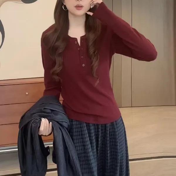 S0188秋季时尚气质显瘦舒适休闲风简约排扣纯色长袖打底衫T恤上衣
