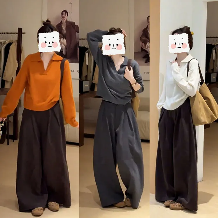 秋季新款减龄时尚套装女撞色软糯针织上衣显瘦阔腿裤百搭两件套