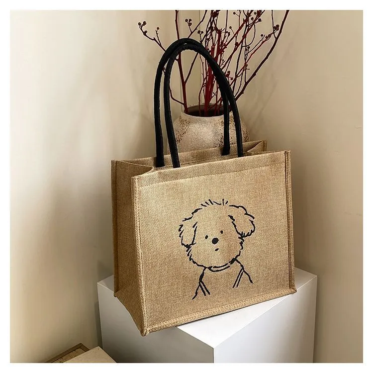 简约编织布包便携ins上班手提式学生卡通拉链手提包单肩包撞色