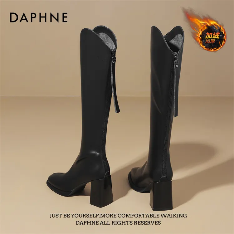 达芙妮不过膝长靴秋冬加绒棉靴高跟骑士靴粗跟防水台V口高筒靴-X