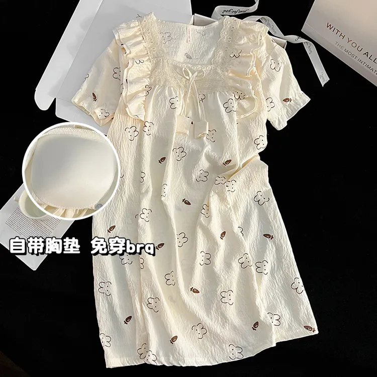睡裙女短袖带胸垫夏季新款夏天薄款甜美睡衣女蕾丝花边宽松家居服