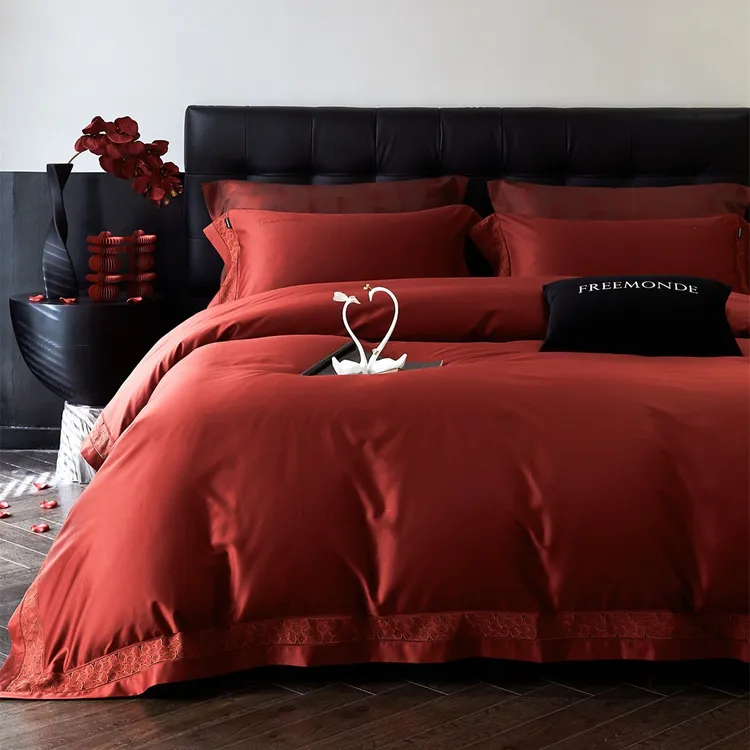 轻奢大红蕾丝边结婚陪嫁乔迁床品高级感阿克苏长绒棉纯棉四件套