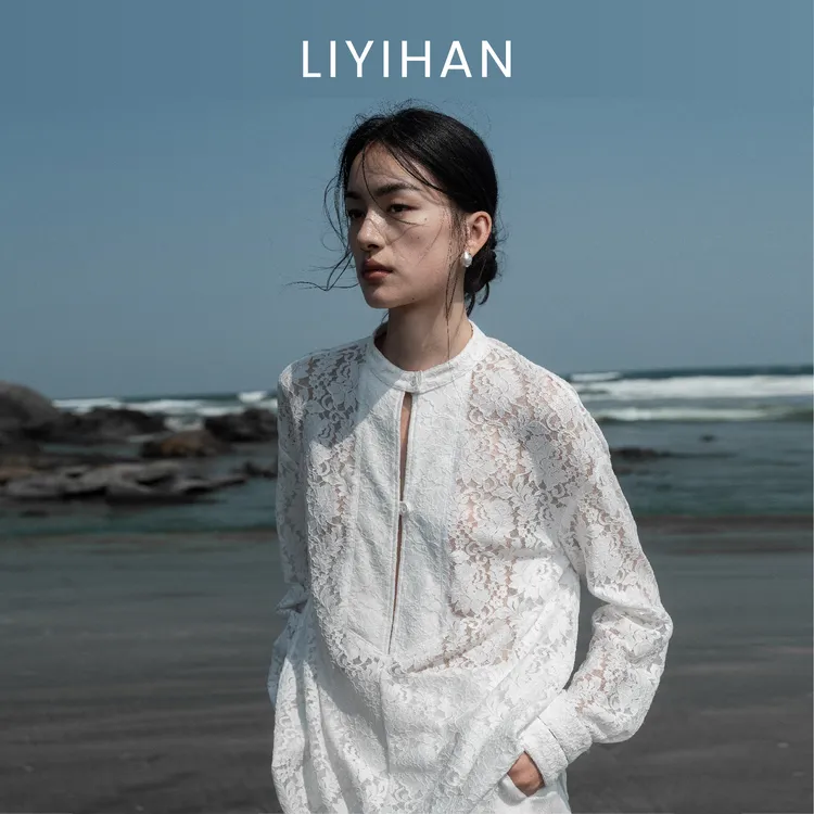 LIYIHAN  | 【ABing】SS25春夏蕾丝拼接立领直筒百搭休闲上衣