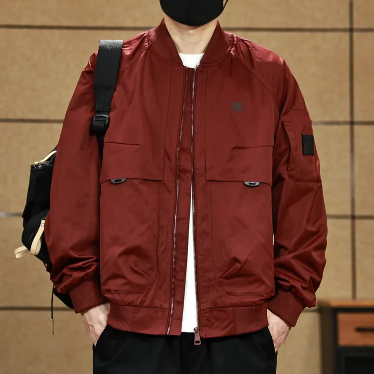 本命年红色外套男春秋季新款拼接棒球领夹克男士时尚百搭休闲上衣