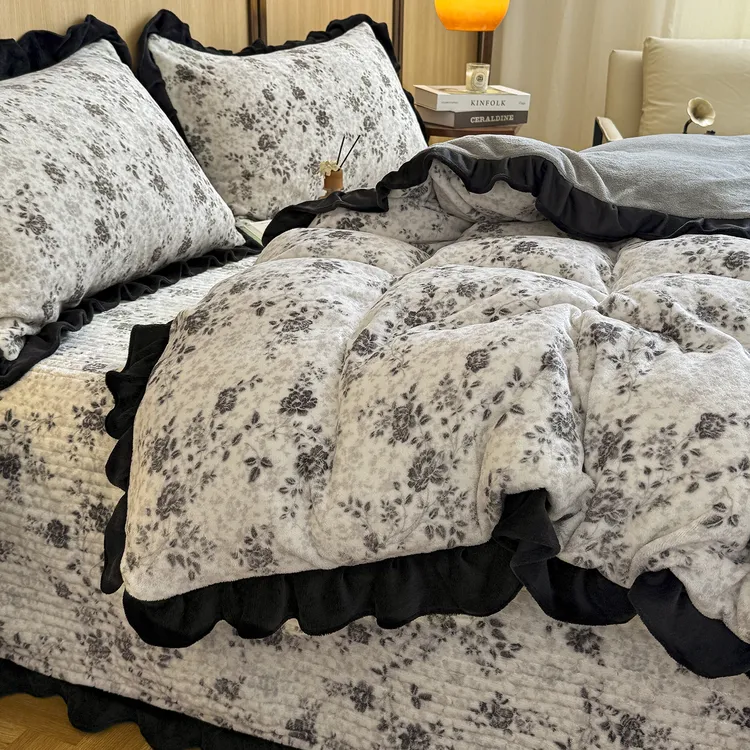 赫本风床盖款牛奶绒四件套冬天加绒加厚保暖珊瑚绒床单被套三件套