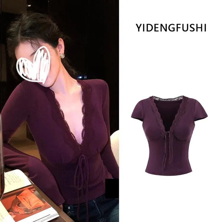 现货！2025夏季新款法式纯欲性感V领系带蕾丝花边拼接显瘦辣妹上衣