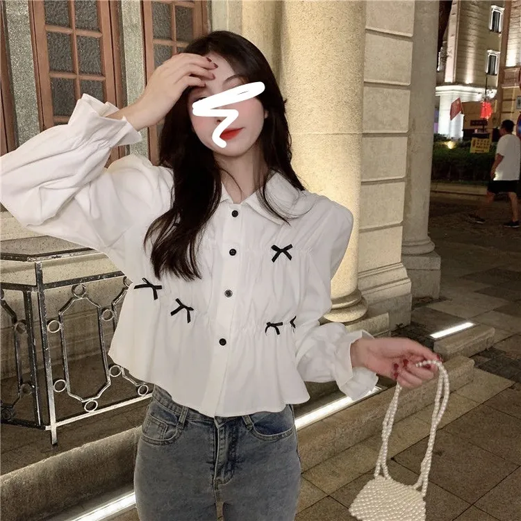 蝴蝶结长袖衬衫女设计感小众上衣新款2025年春秋季宽松短款衬衫女