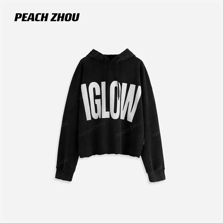 『PEACHZHOU』420g重磅水洗磨破做旧印花美式休闲宽松连帽短款卫衣
