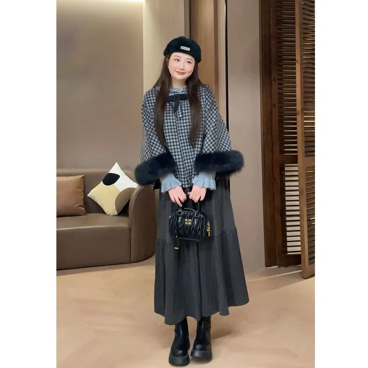 大萌萌时尚秋冬格子斗篷式双面呢毛毛外套微胖遮肉显瘦P225X19924