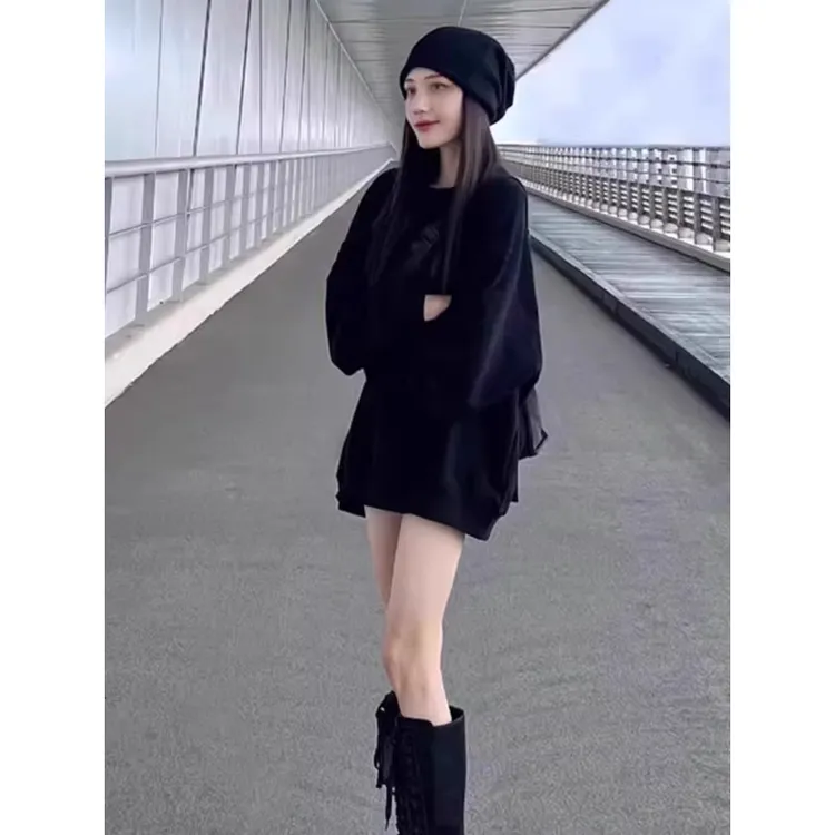 芯娇晴慵懒风中长款套头卫衣女2025新款秋季穿搭休闲宽松圆领上衣