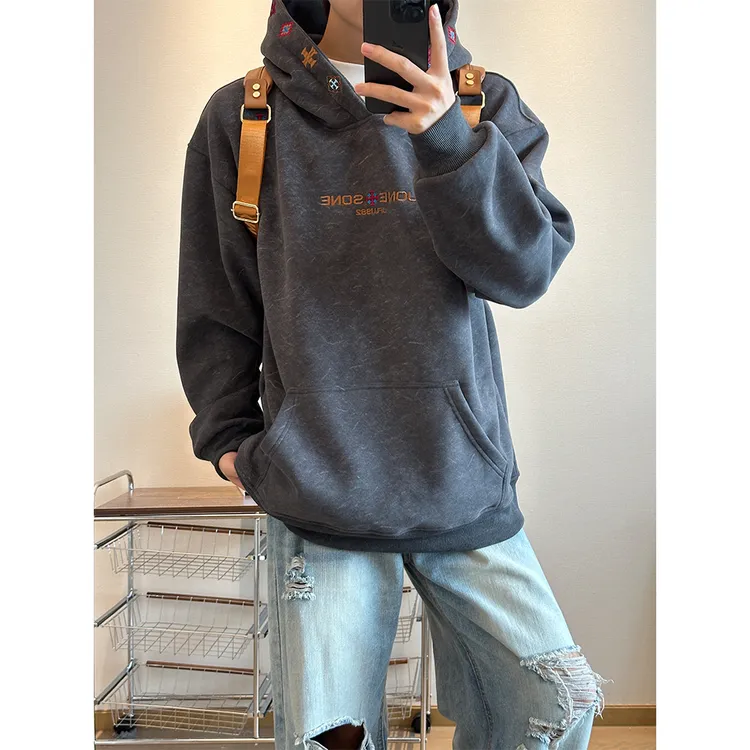 扎染刺绣连帽卫衣男女秋冬款加绒加厚情侣装cleanfit美式复古外套