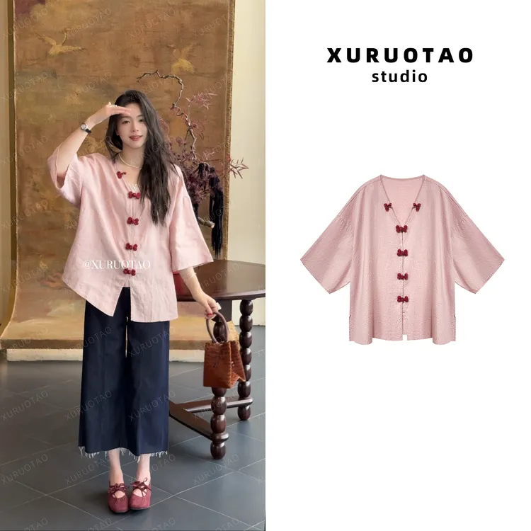 XURUOTAO 【风韵雅】100亚麻设计新贵撞色精致盘扣粉色上衣 T5445