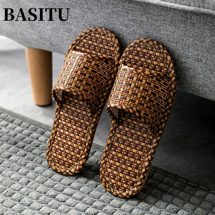 新款藤草编织亚麻拖鞋夏天女家用室内防滑情侣竹席凉拖男居家男士